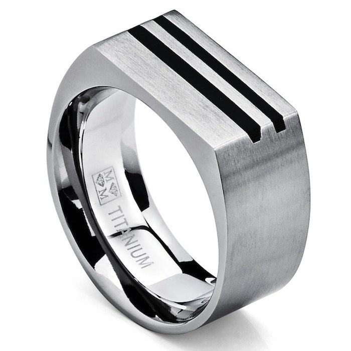 Men's Bold Titanium Pinky Ring Bands with Resin Inlay, Brushed Finish Comfort Fit 10mm Wide
